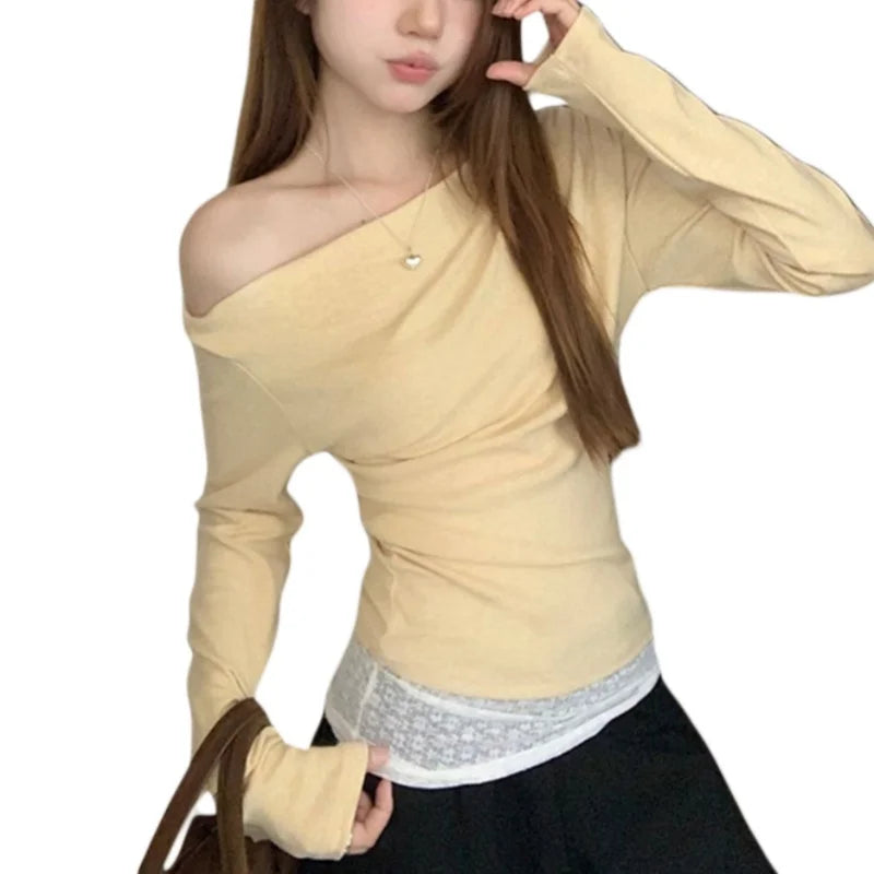 y2k Aesthetic Tops 2000s Women Clothes Lace Patchwork Off Shoulder Long Sleeve T Shirts Fairycore Clothing Streetwear