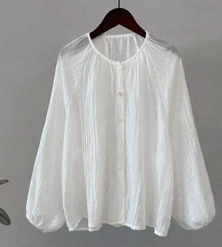 Retro Round Neck Blouse Women Spring Summer Solid Pleated Shirt Fashion Holiday Long Sleeve Top 2024 Casual Loose Sun Protection