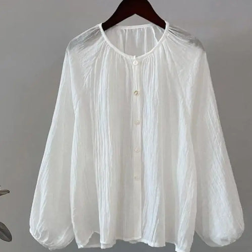 Load image into Gallery viewer, Retro Round Neck Blouse Women Spring Summer Solid Pleated Shirt Fashion Holiday Long Sleeve Top 2024 Casual Loose Sun Protection
