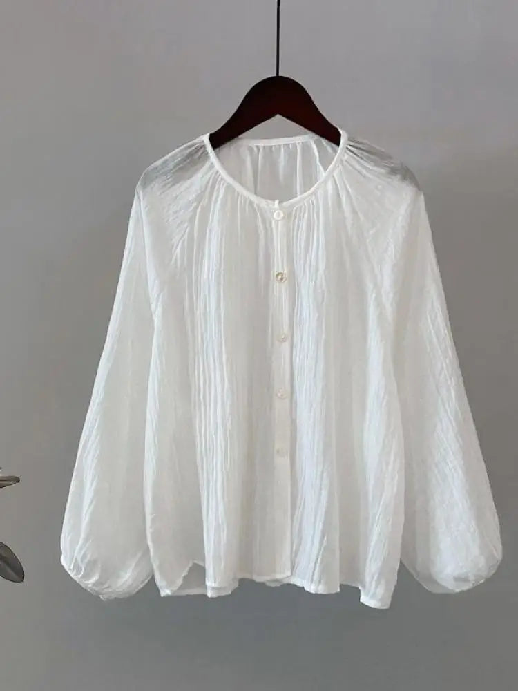 Retro Round Neck Blouse Women Spring Summer Solid Pleated Shirt Fashion Holiday Long Sleeve Top 2024 Casual Loose Sun Protection