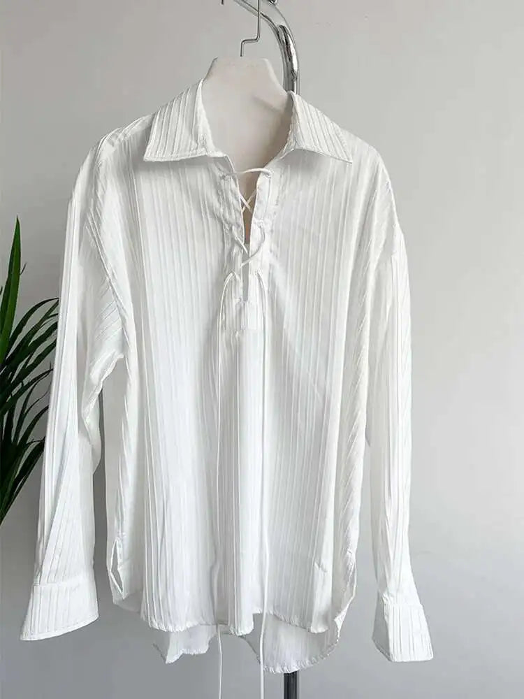 Women White Big Size Bandage Blouse New Round Neck Long Sleeve Loose Fit Shirt Fashion Tide Spring Autumn 2025 1DH1737