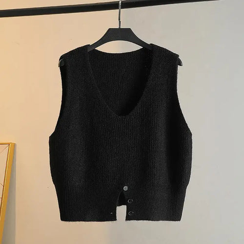 Load image into Gallery viewer, Women Solid V Neck New Holiday Loose Sleeveless Short Sweater Vest Autumn Winter Casual Versatile Split Knit Tank Tops Fashion
