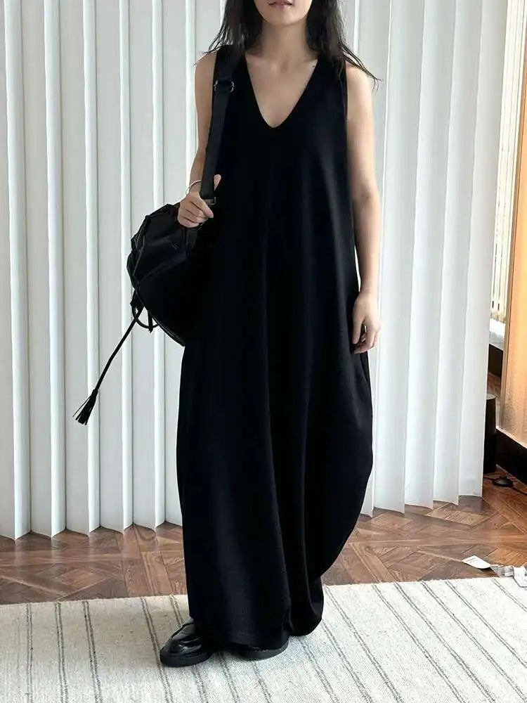 Women Black Brief Irregular Shaped Pocket Long Elegant Dress New V-Neck Sleeveless Fashion Tide Spring Autumn 2025 1DH9419