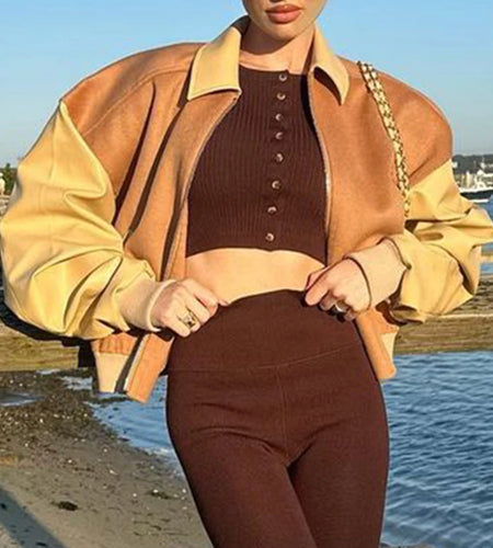 Fashion Vintage Winter Jacket Women PU Leather Patchwork Streetwear Warm Autumn Coat Zip Up Contrast Outwear Jackets