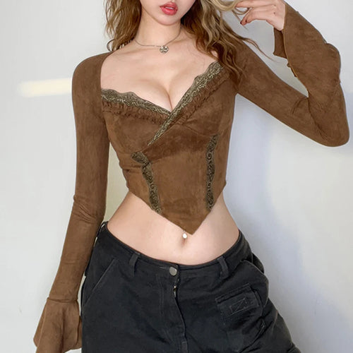 Load image into Gallery viewer, Brown Fairycore French Chic Sexy Party Tee Shirt Slim Lace Spliced Vintage Y2K Top Flare Sleeve Autumn T-shirt Women
