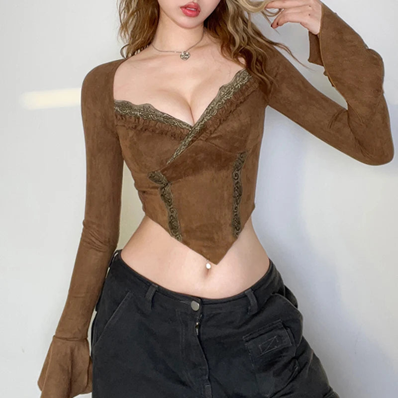 Brown Fairycore French Chic Sexy Party Tee Shirt Slim Lace Spliced Vintage Y2K Top Flare Sleeve Autumn T-shirt Women