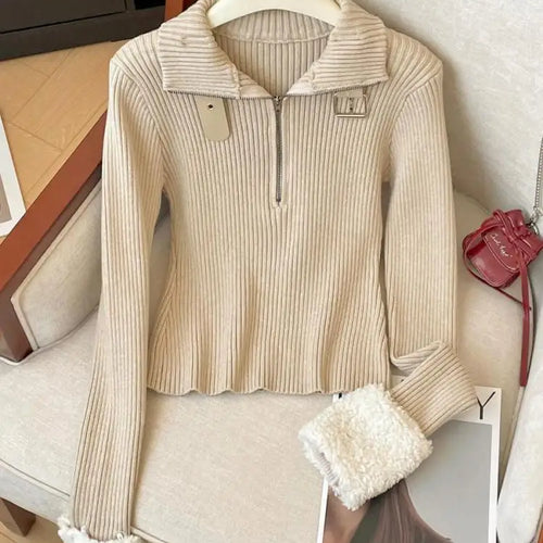 Load image into Gallery viewer, Korean Fashion Autumn Winter Black Elegant Long Sleeves Knit Sweater Women's Beige Half Zipper Pullover Short Tops Popular Trend
