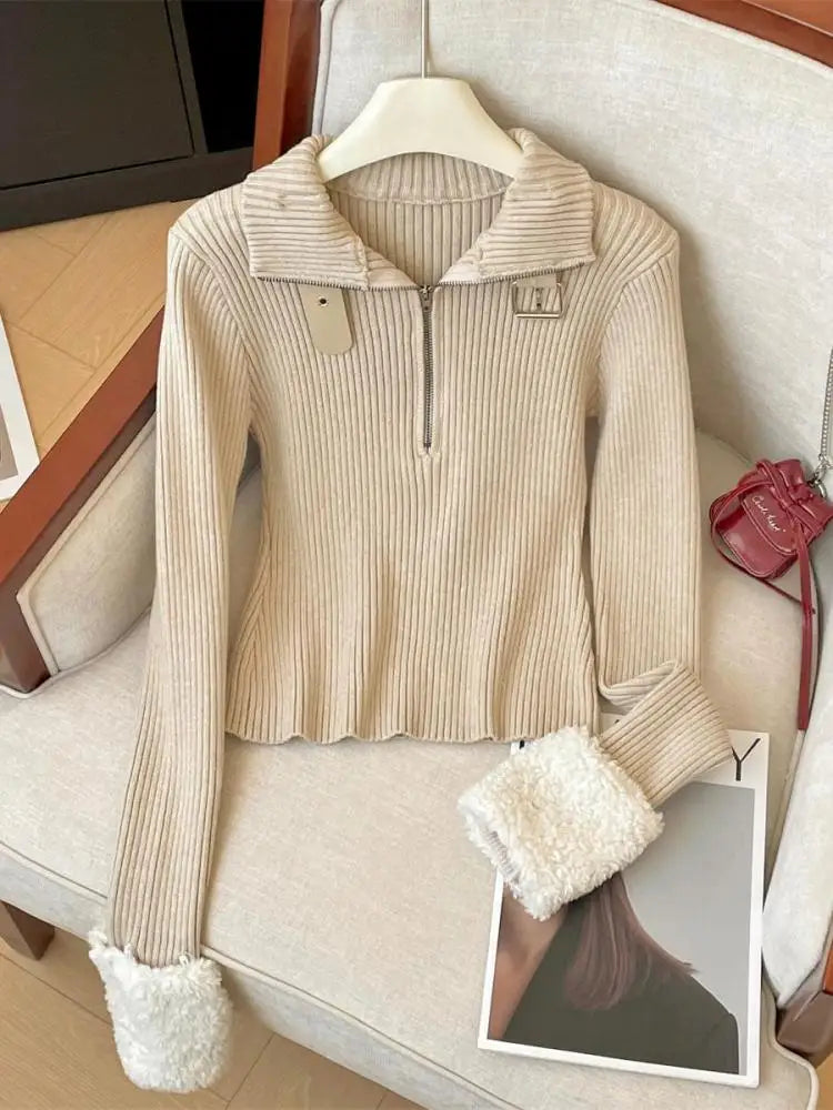 Autumn Winter 2025 Black Half Zipper Pullover Fashion Short Sweater Women Beige Long Sleeve Office Knitwear Warm Tops Clothing