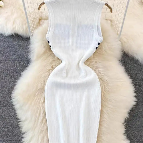 Load image into Gallery viewer, Sexy Women's Black White Stripes Patchwork Zippers Knitted Vest Dress 2024 Spring Summer Office Sleeveless Slim Party Midi Dress
