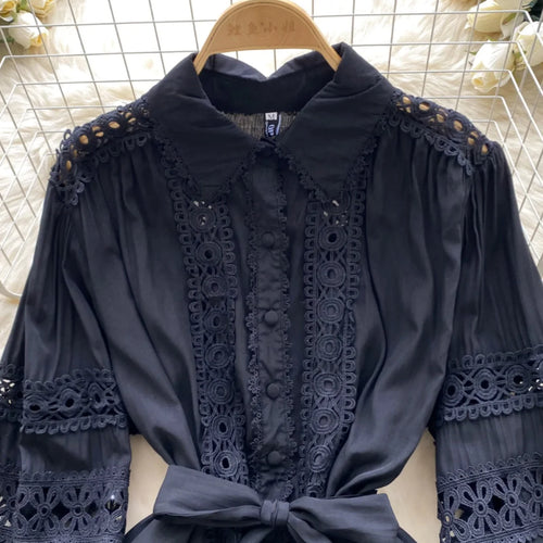 Load image into Gallery viewer, Summer French Black Embroidery Hollow Out Bandage Mini Dress Women White Elegant Single Breasted Lantern Sleeve Party Slim Dress
