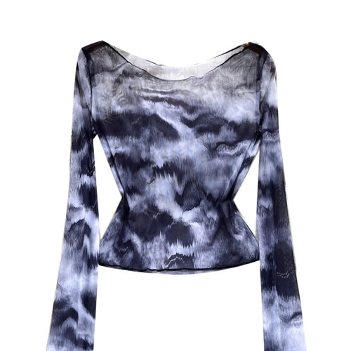 Load image into Gallery viewer, Vintage Black Tie Dye Elegant Slim Long Sleeved T-shirt For Women 2024 Spring Autumn New Vacation Versatile Tops Trendy Fashion
