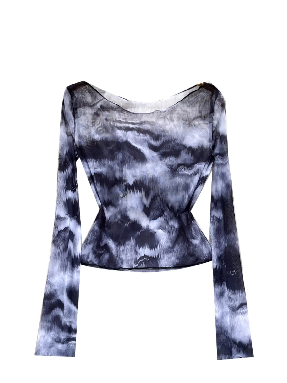Vintage Black Tie Dye Elegant Slim Long Sleeved T-shirt For Women 2024 Spring Autumn New Vacation Versatile Tops Trendy Fashion