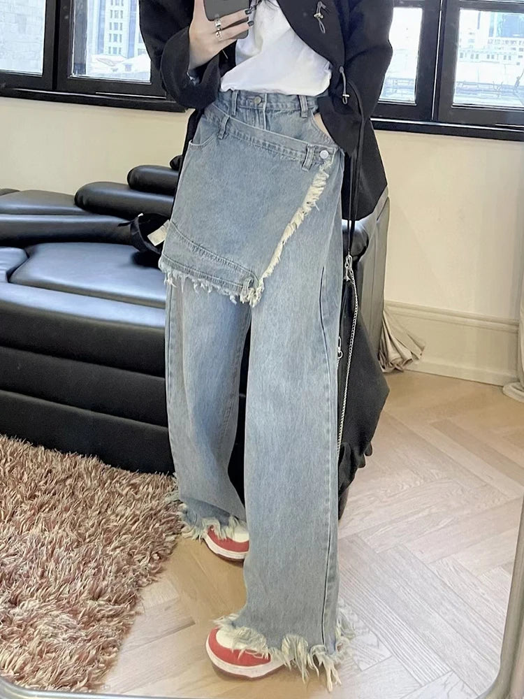 Patchwork Fake Two Piece Wide Leg Pants For Women High Waist Solid Minimalist Jeans Female Korean Fashion Clothing