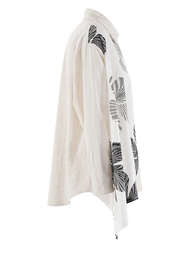 Women White Irregular Flower Big Size Casual Blouse New Lapel Long Sleeve Shirt Fashion Tide Spring Autumn 2025 CPG1908