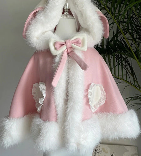 Japanese Lolita Sweet Rabbit's Ears Hooded Cloak Jackets Women Y2k Aesthetic Lace Patchwork Love Coat Harajuku Kawaii Bow Jacket
