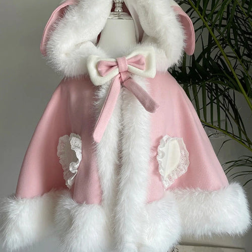 Load image into Gallery viewer, Japanese Lolita Sweet Rabbit&#39;s Ears Hooded Cloak Jackets Women Y2k Aesthetic Lace Patchwork Love Coat Harajuku Kawaii Bow Jacket
