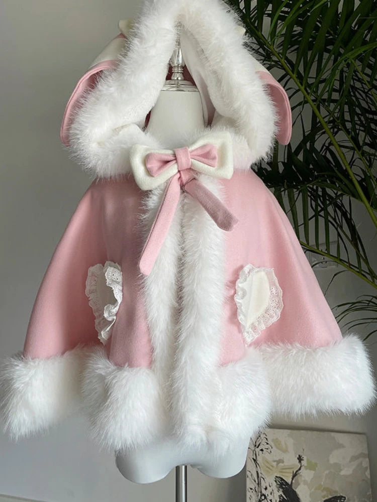 Japanese Lolita Sweet Rabbit's Ears Hooded Cloak Jackets Women Y2k Aesthetic Lace Patchwork Love Coat Harajuku Kawaii Bow Jacket