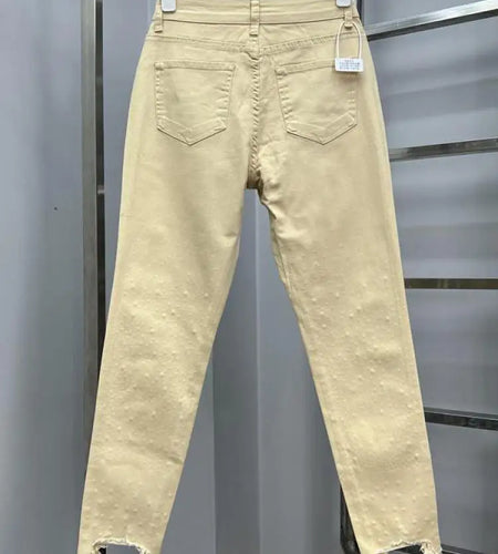 Korean Vintage 2024 Women Yellow Diamond Denim Ankle-length Trousers Autumn High Waist Versatile Small Leg Jean Pant Streetwear