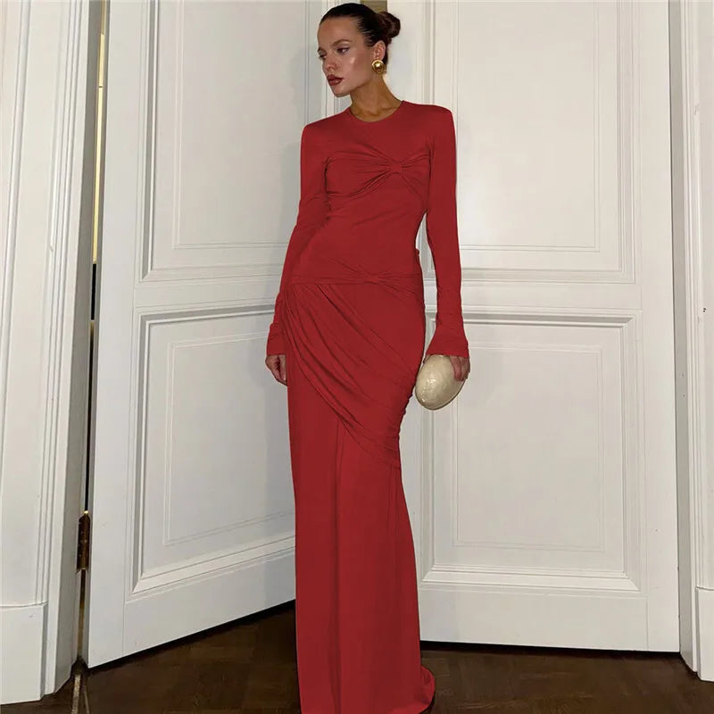 Long Sleeve Ruched Sexy Maxi Dress For Women Autumn New Fashion Solid O Neck Bodycon Long Dress Elegant Clubwear