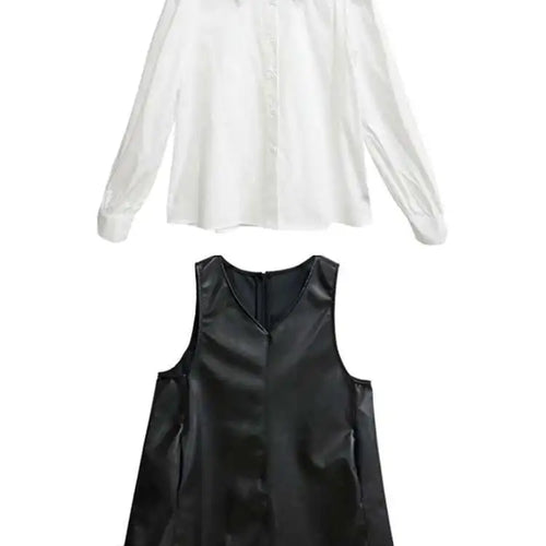 Load image into Gallery viewer, Black Leather Mesh Dress Shirt Two Pieces Suit New Lapel Long Sleeve Women Fashion Tide Spring Autumn 2025 1DH9256
