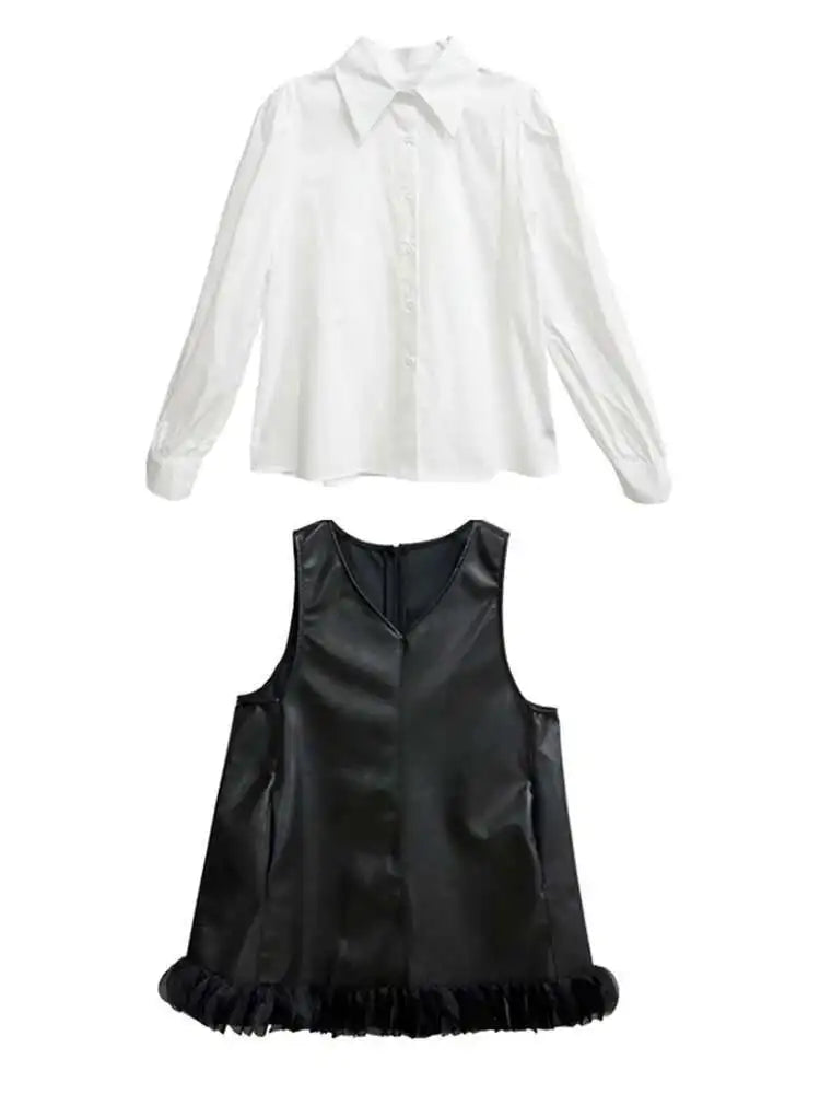 Black Leather Mesh Dress Shirt Two Pieces Suit New Lapel Long Sleeve Women Fashion Tide Spring Autumn 2025 1DH9256