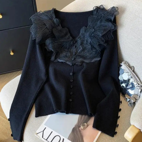 Load image into Gallery viewer, Autumn Winter Black Beige Elegant V Neck Short Knitted Sweater French Women Pink Single Breasted Long Sleeved Pullover Tops Chic
