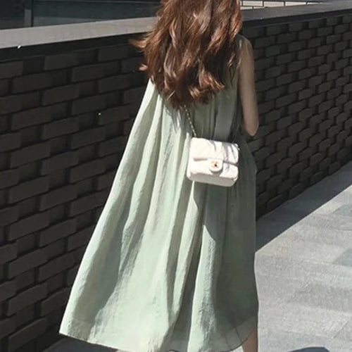 Load image into Gallery viewer, Green Sleeveless Pleated Women&#39;s Dresses Office Lady Pure Color O-neck Elegant Female Tank Dress Summer Casual Maxi Dress
