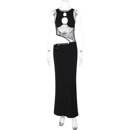Load image into Gallery viewer, Hollow Out Sleeveless Sexy Maxi Dress For Women Black O Neck See Through Lace Backless Bodycon Club Long Dress Fashion
