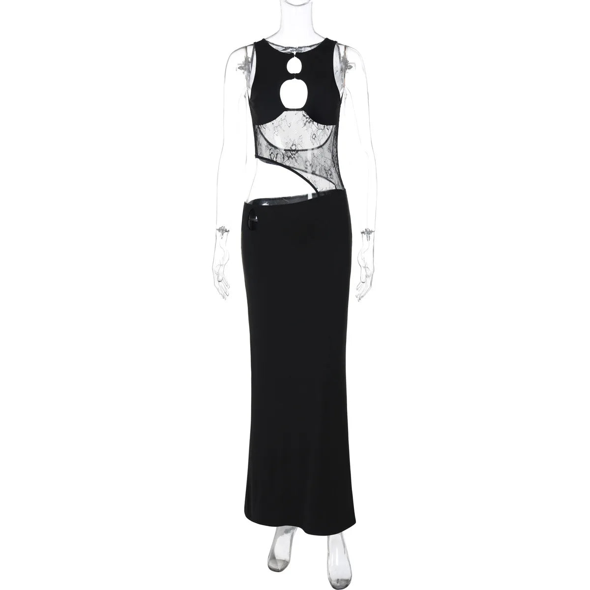 Hollow Out Sleeveless Sexy Maxi Dress For Women Black O Neck See Through Lace Backless Bodycon Club Long Dress Fashion