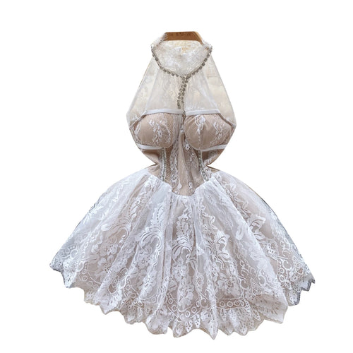 Load image into Gallery viewer, French Vintage 2023 Summer New White Sleeveless Diamond Lace Hanging Neck Short Dress Sexy Club Off Shoulder Party Mini Dresses
