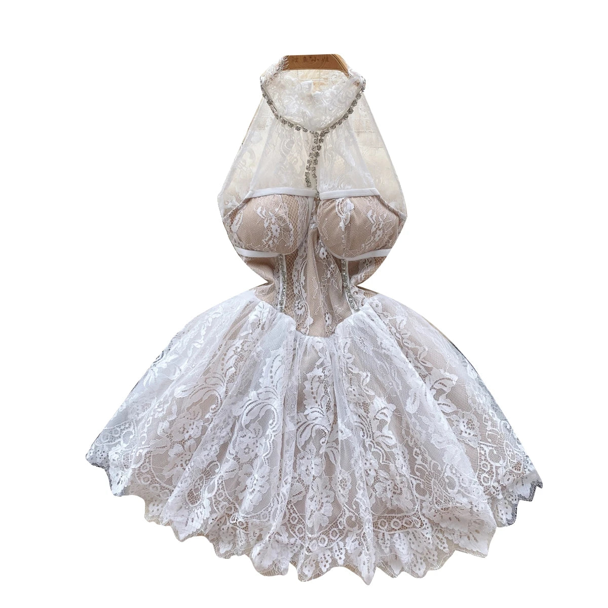 French Vintage 2023 Summer New White Sleeveless Diamond Lace Hanging Neck Short Dress Sexy Club Off Shoulder Party Mini Dresses