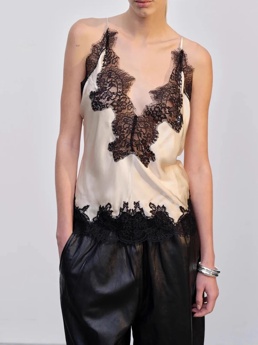 Hit Color Spliced Lace Slimming Vests For Women V Neck Sleeveless Tunic Irregular Chic Vests Female Fashion Clothes