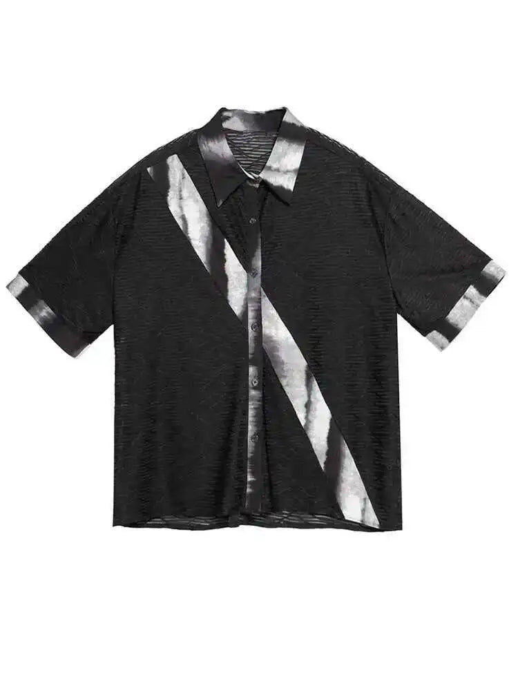 Women Black Tie Dye Printed Big Size Thin Blouse New Lapel Half Sleeve Loose Fit Shirt Fashion Spring Summer 2025 1DF8662