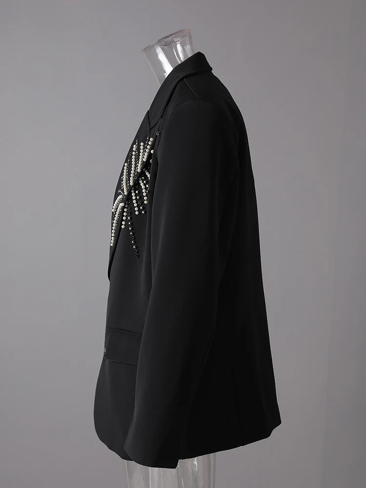 Women Black Pearl Nailed Big Size Casual Blazer New Lapel Long Sleeve Jacket Fashion Tide Spring Autumn 2025 CPG3095
