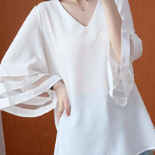 Load image into Gallery viewer, Women Black Mesh Spliced Big Size Elegant T-shirt New V-Neck Three-quarter Sleeve Fashion Tide Spring Autumn 2025 1DJ0335
