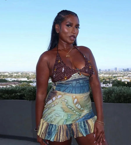 Vintage Women 2 Piece Set Knit Patchwork Diamond Tassels Halter Backless Tops+Ruffles Hem Skirts Vacation Clubwear