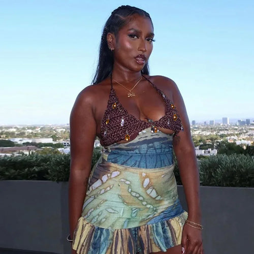 Load image into Gallery viewer, Vintage Women 2 Piece Set Knit Patchwork Diamond Tassels Halter Backless Tops+Ruffles Hem Skirts Vacation Clubwear
