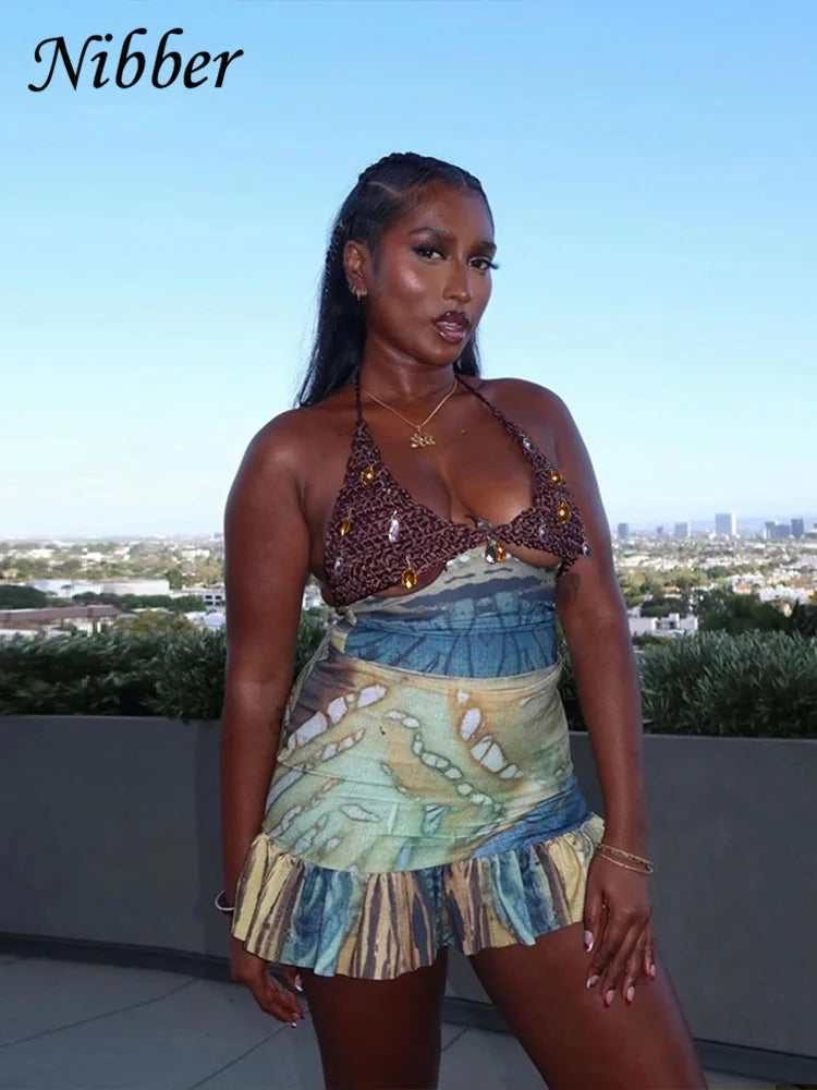 Vintage Women 2 Piece Set Knit Patchwork Diamond Tassels Halter Backless Tops+Ruffles Hem Skirts Vacation Clubwear