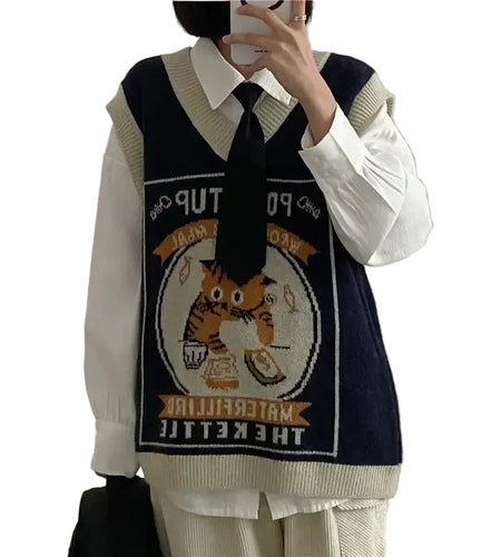 Sweater Vest Women Kawaii Cat Waistcoat Streetwear Knitting Chic Fashion College All-match Harajuku Y2k Vests Chandails
