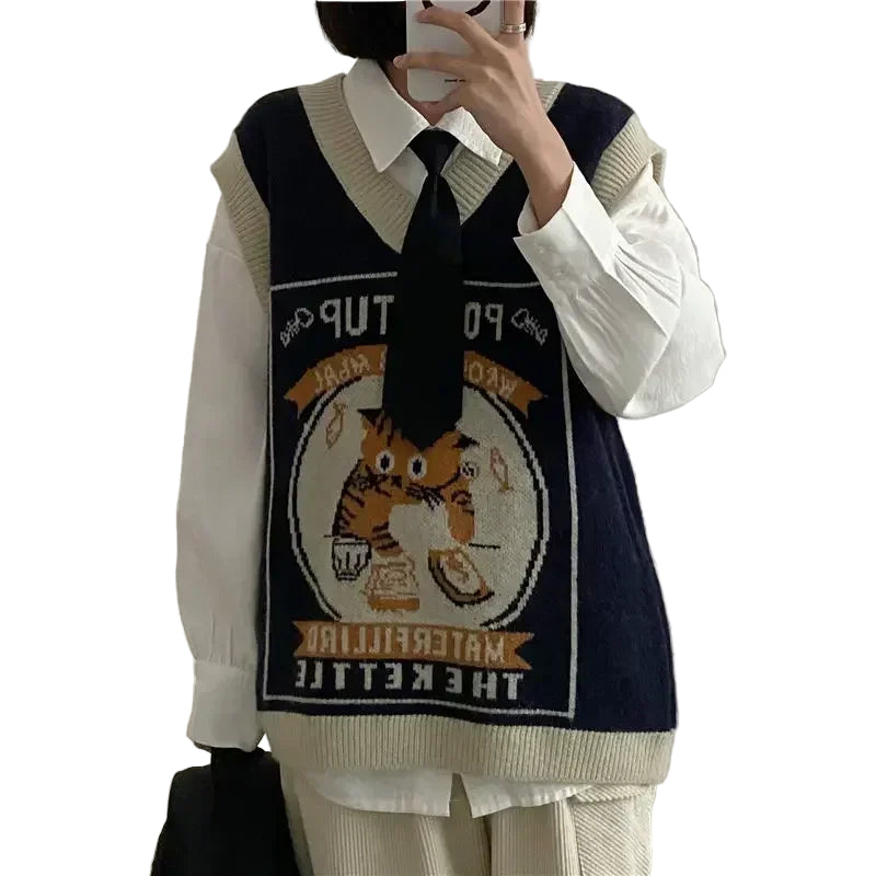 Sweater Vest Women Kawaii Cat Waistcoat Streetwear Knitting Chic Fashion College All-match Harajuku Y2k Vests Chandails