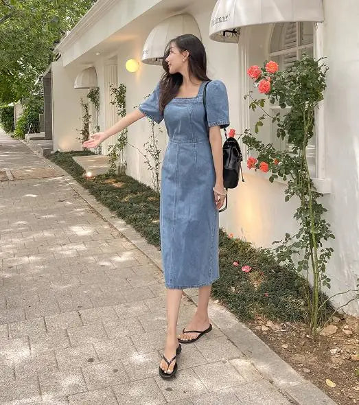 French Vintage Blue Denim Dress Summer New Temperament Goddess Long Dress High Waist Slim Elegant Square Collar Holiday Dresses