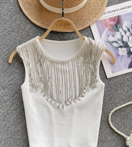 Summer White Round Neck Sleeveless Diamonds Tassels Knitted Vest Women Black Elegant Versatile Short Tank Tops Simplicity Casual
