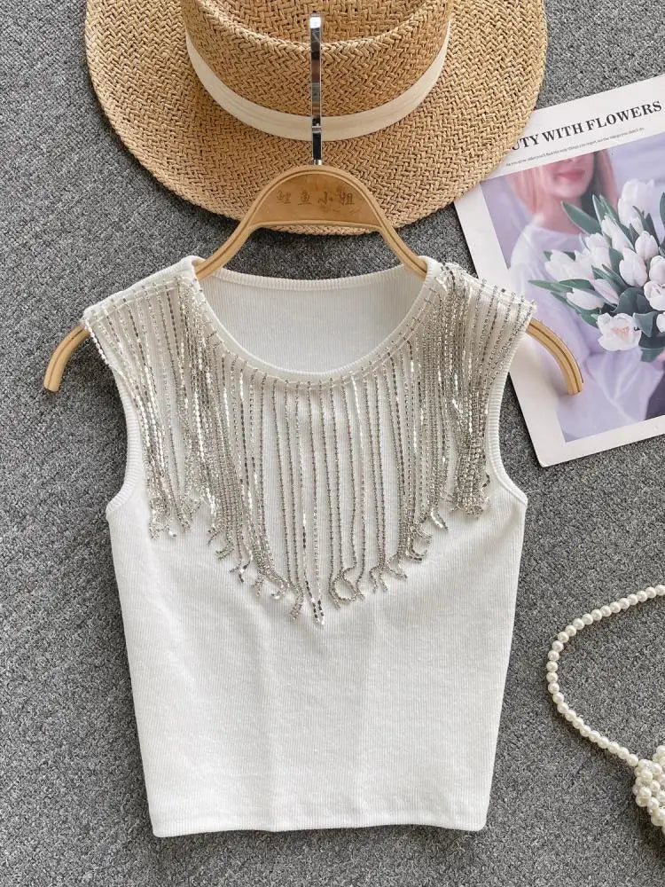Summer White Round Neck Sleeveless Diamonds Tassels Knitted Vest Women Black Elegant Versatile Short Tank Tops Simplicity Casual