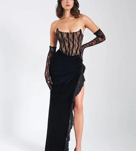 Elegant Lace Strapless Maxi Dress For Women Fashion Black Sleeveless Backless Bodycon Club Party Sexy Long Dress