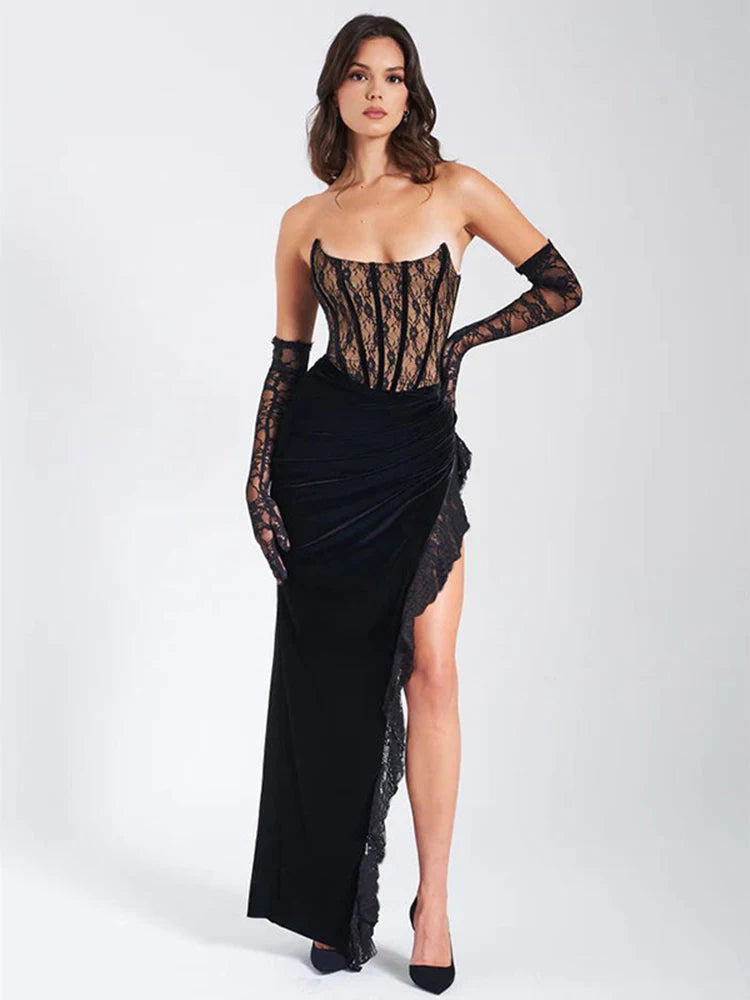 Elegant Lace Strapless Maxi Dress For Women Fashion Black Sleeveless Backless Bodycon Club Party Sexy Long Dress