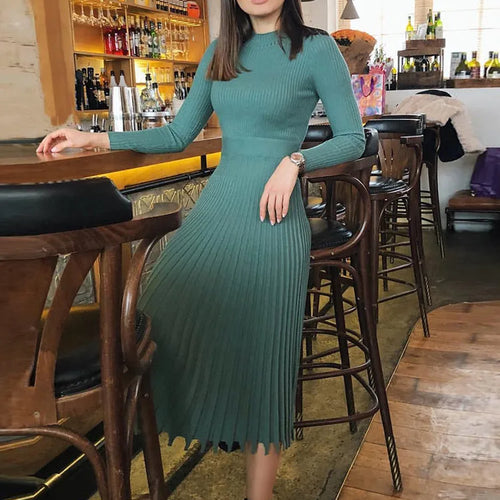 Load image into Gallery viewer, Women Knitted Long Dress Ribbed Elegant Midi Bodycon Sweater Dress Official Ladies Bandage Pleated Dresses Streetweear
