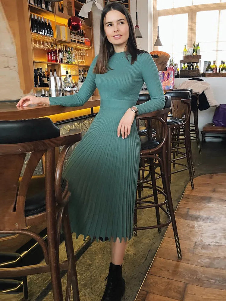 Women Knitted Long Dress Ribbed Elegant Midi Bodycon Sweater Dress Official Ladies Bandage Pleated Dresses Streetweear