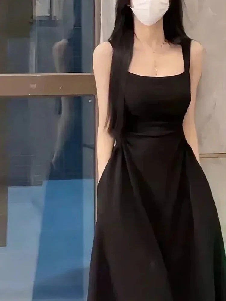 Elegant French Style Black Square Neck Slim Midi Dress for Women Fashion Solid Color Sleeveless Camole Dress with Chic Design