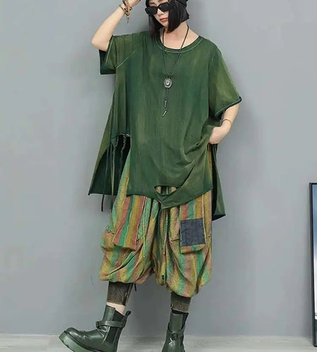 Women Orange Red Holes Big Size Casual Long T-shirt New Round Neck Half Sleeve Fashion Tide Spring Autumn 2025 1DJ0279