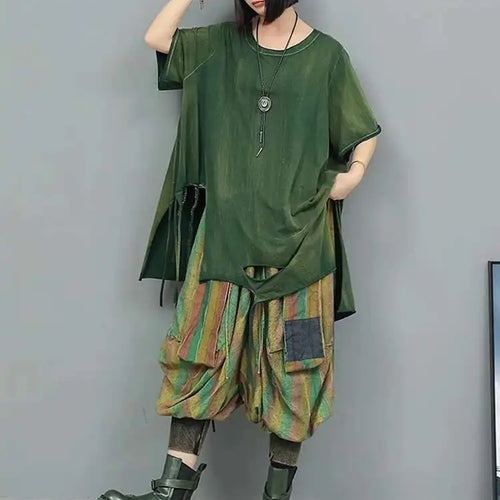 Load image into Gallery viewer, Women Orange Red Holes Big Size Casual Long T-shirt New Round Neck Half Sleeve Fashion Tide Spring Autumn 2025 1DJ0279
